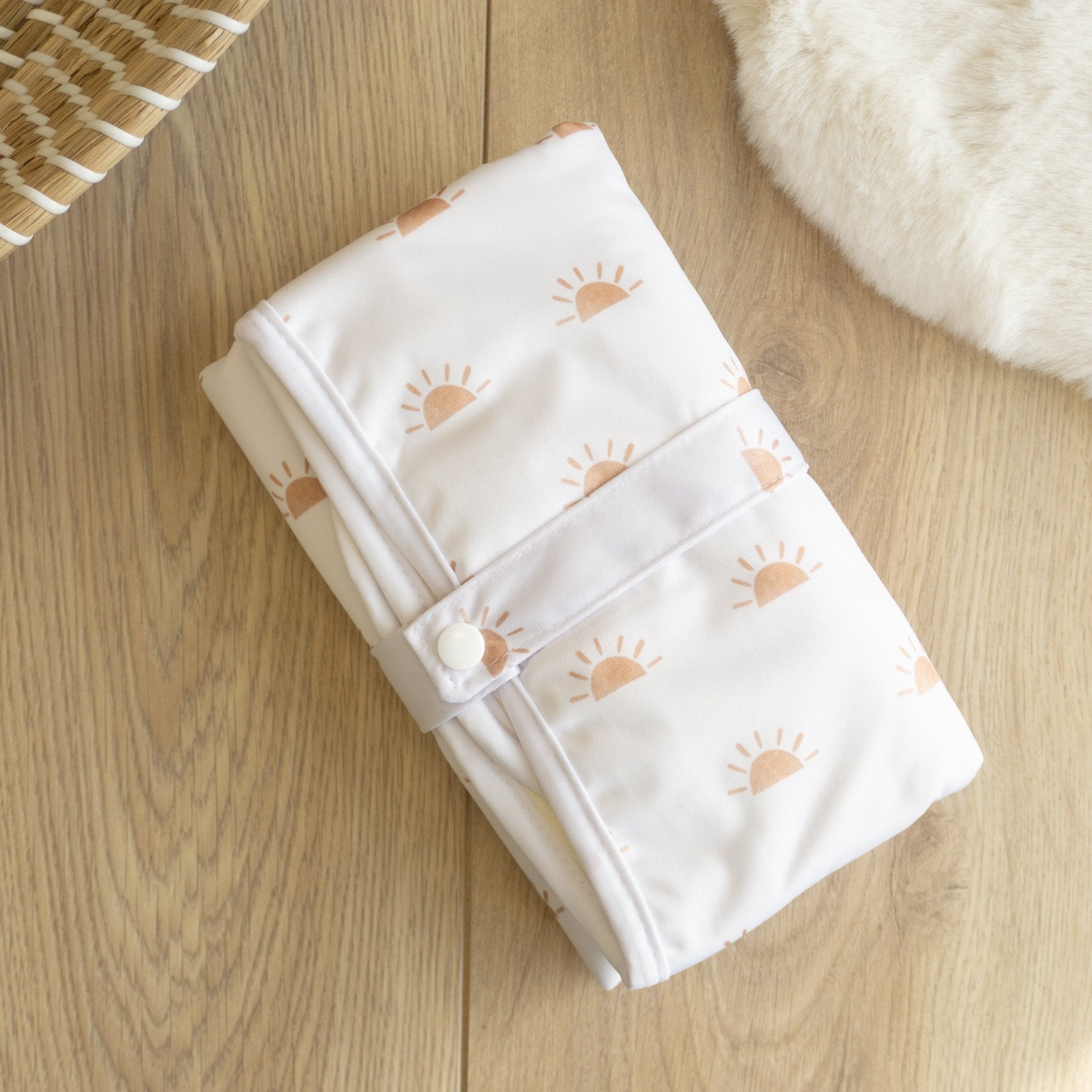 Baby Travel Changing Mats - Sunnies White with Camel - Modern Cloth Nappies