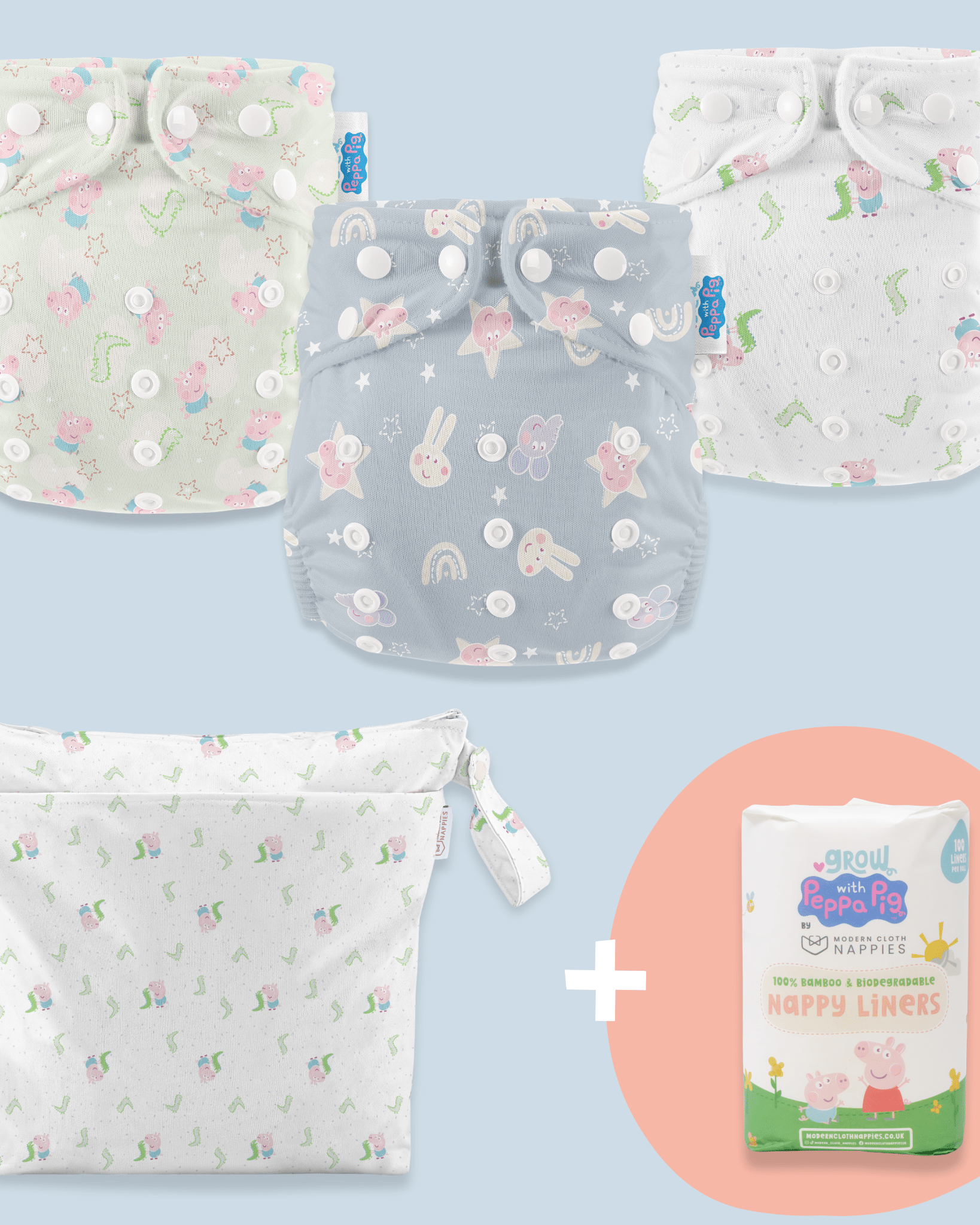Boys Peppa Pig Reusable Nappies Bundle (3 Nappies, Medium Wet Bag) + 100 Nappy Liners - Modern Cloth Nappies