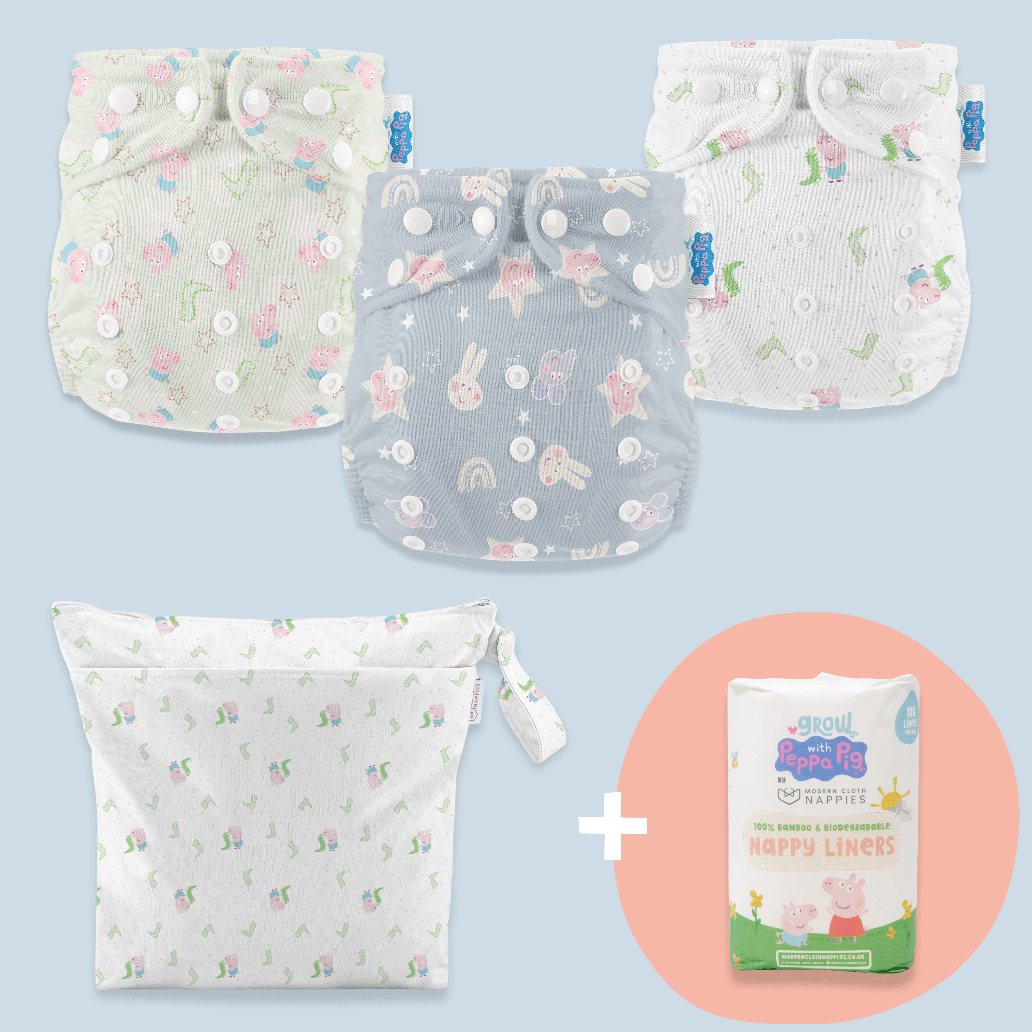Boys Peppa Pig Reusable Nappies Bundle (3 Nappies, Medium Wet Bag) + 100 Nappy Liners - Modern Cloth Nappies