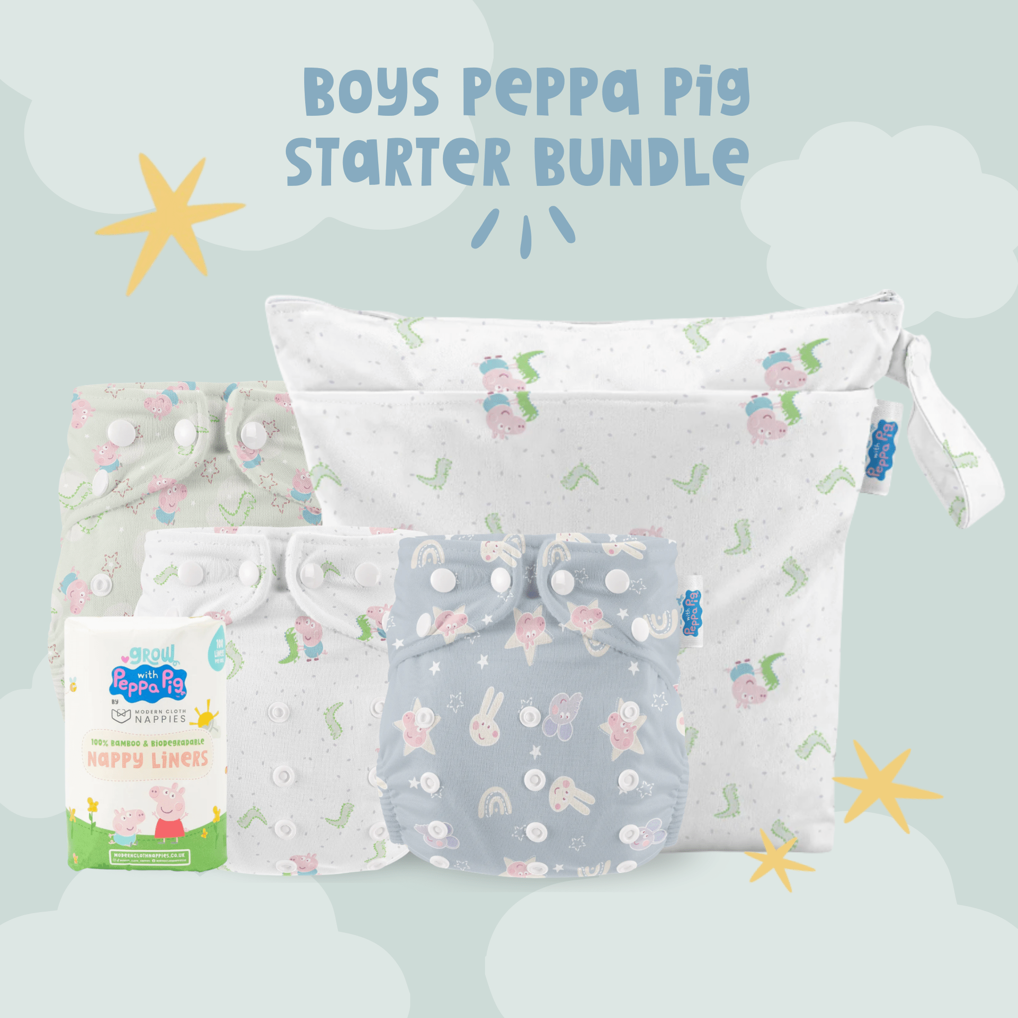 Boys Peppa Pig Reusable Nappies Bundle (3 Nappies, Medium Wet Bag) + 100 Nappy Liners - Modern Cloth Nappies