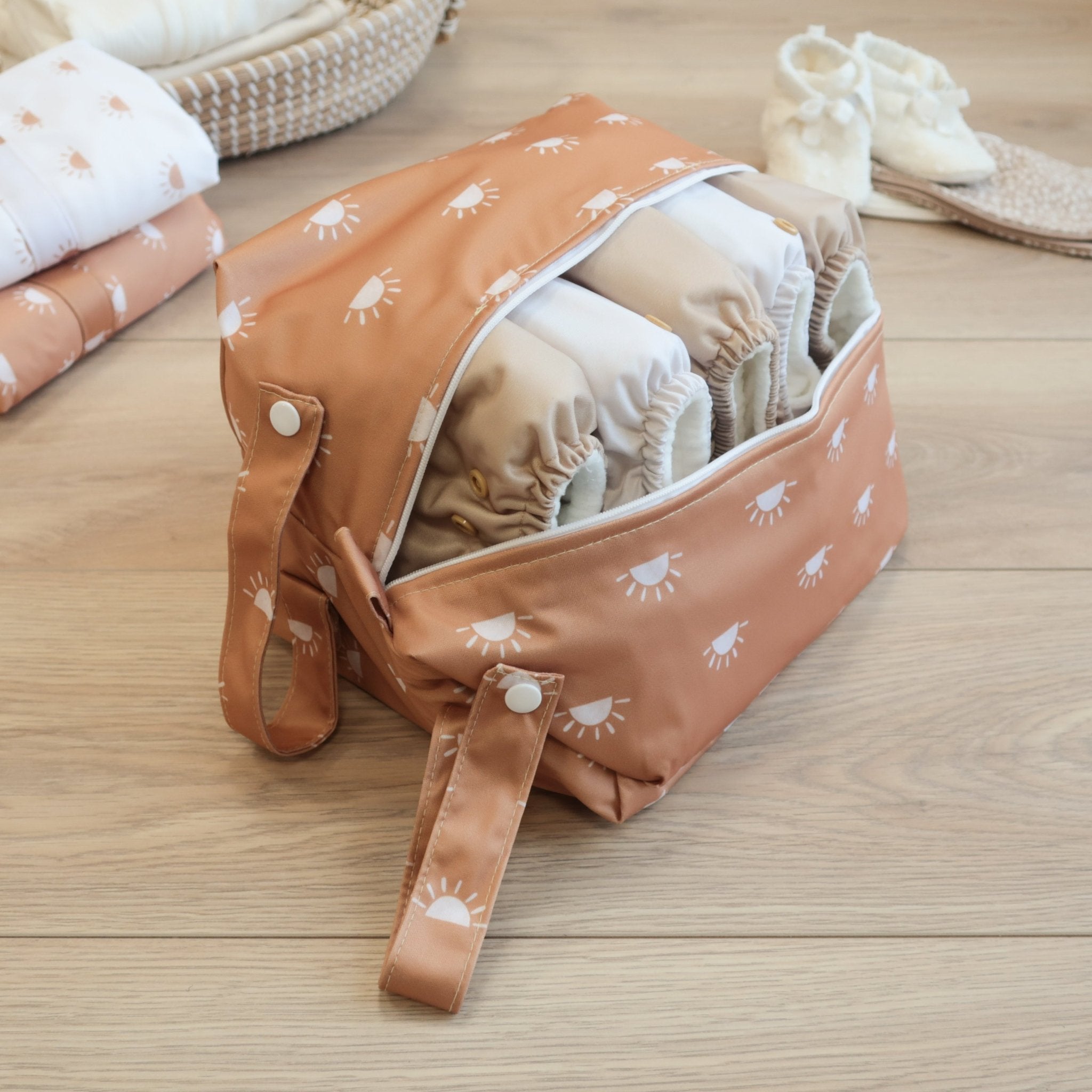 Cloth Nappy Pod - Sunnies Camel with White - Modern Cloth Nappies