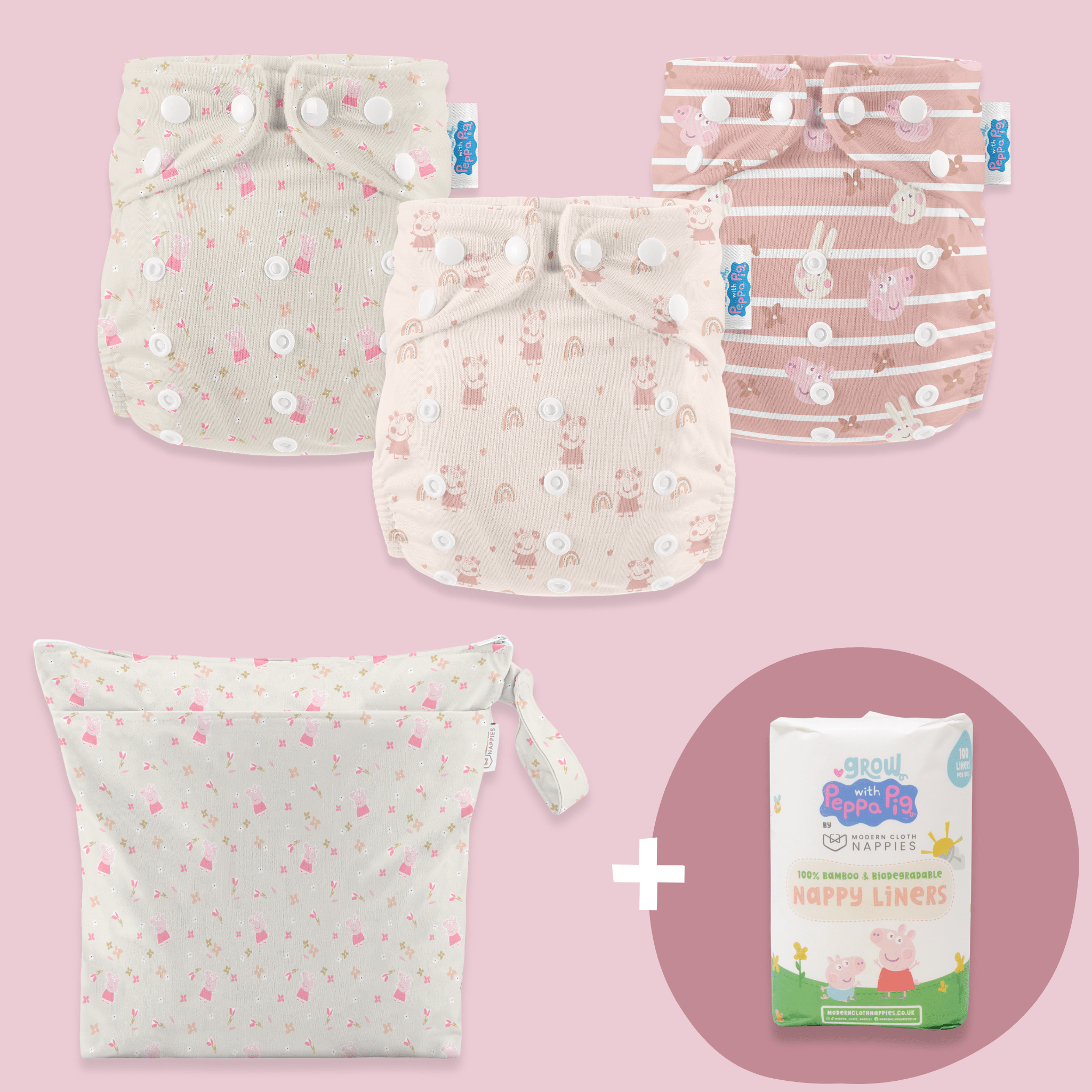 Girls Peppa Pig Reusable Nappies Bundle - 3 Reusable Nappies, Medium Wet Bag + 100 Nappy Liners - Modern Cloth Nappies
