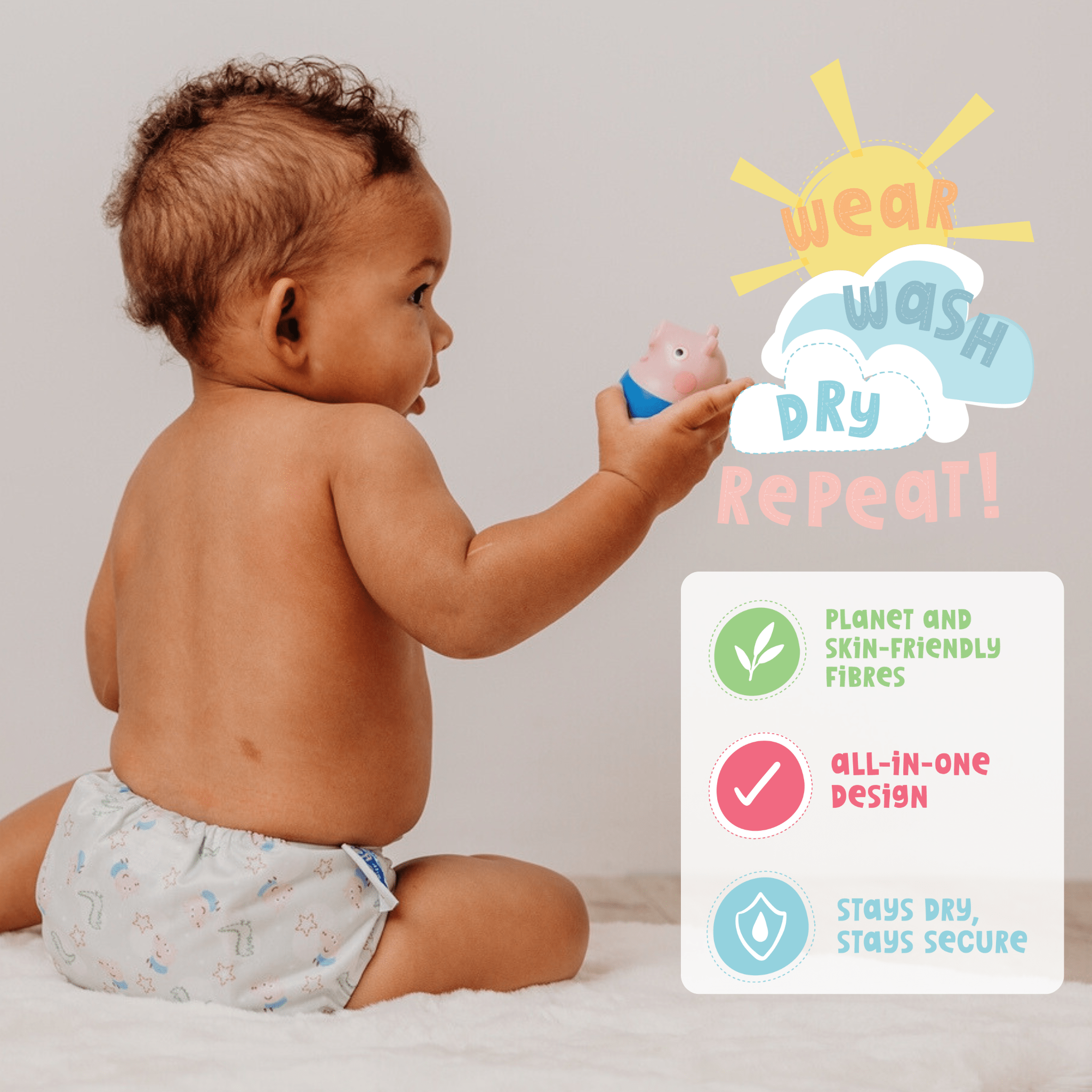 Peppa Pig One Size All - In - One Reusable Cloth Nappy - Blue Mix Peppa & Friends - Modern Cloth Nappies