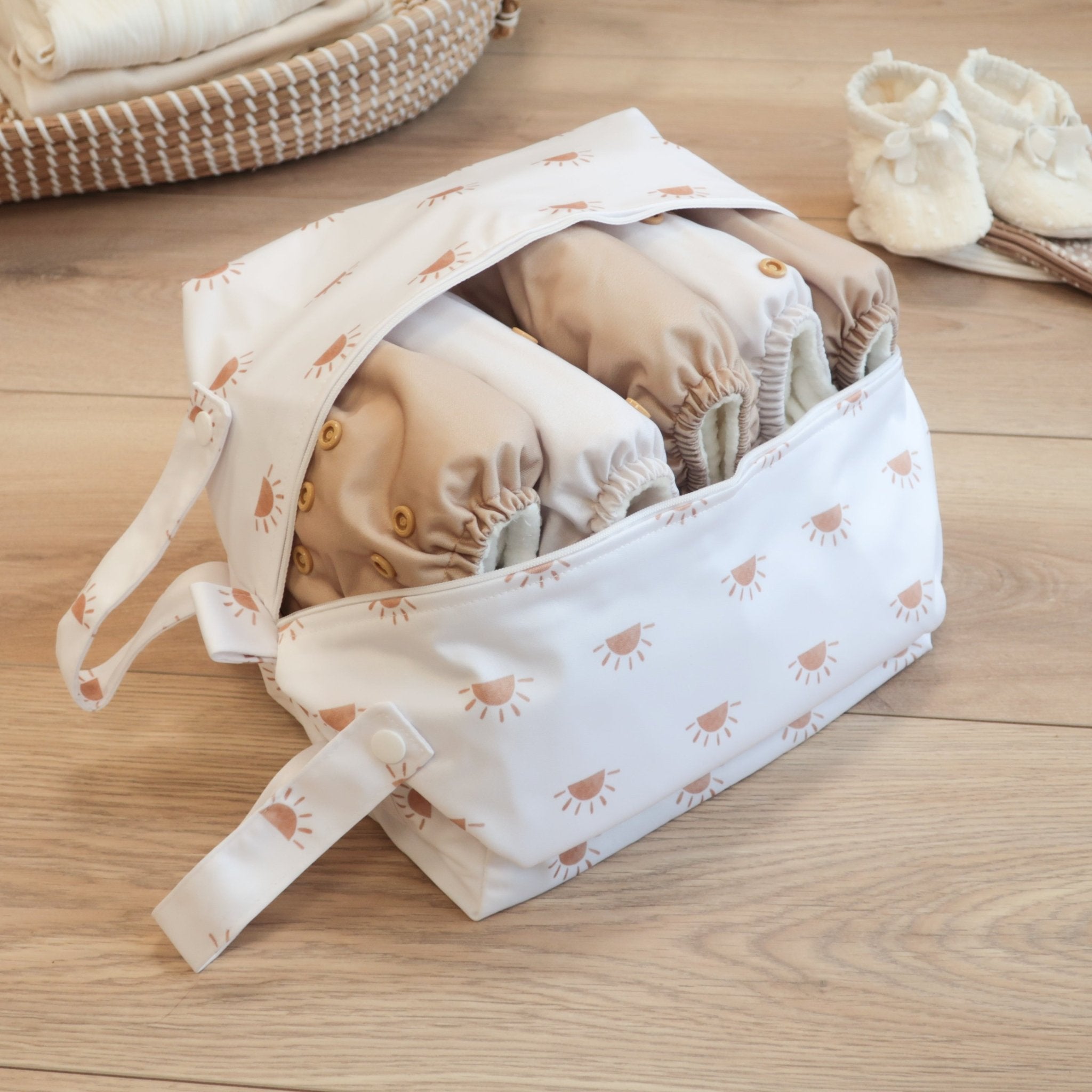 Cloth Nappy Pod Sunnies White with Camel – Modern Cloth Nappies