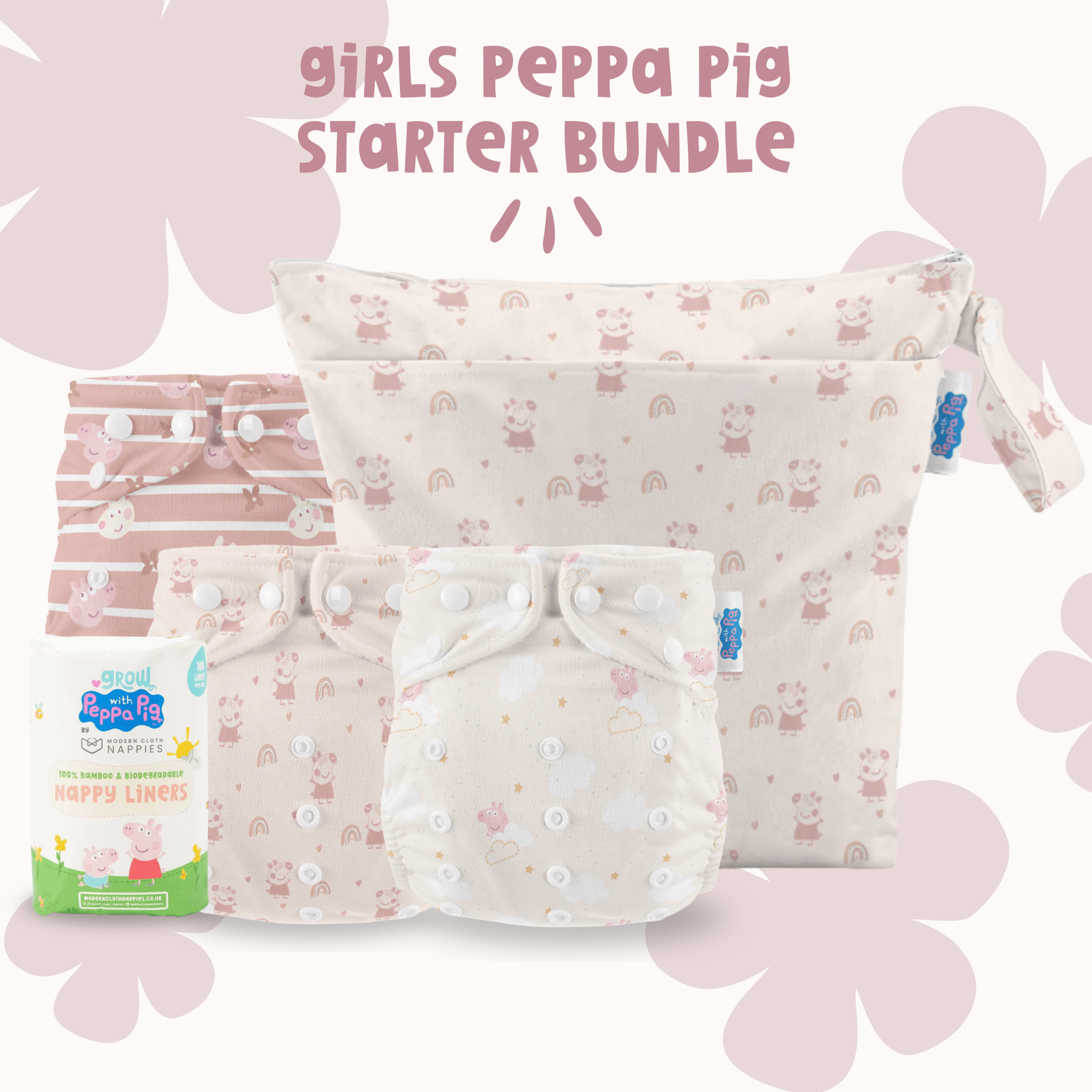 Girls Peppa Pig Reusable Nappies Bundle - 3 Reusable Nappies, Medium Wet Bag + 100 Nappy Liners - Modern Cloth Nappies